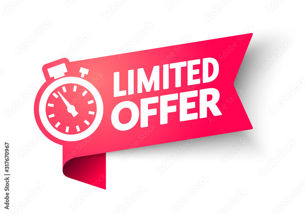vector illustration Red Limited Offer Banner With Clock For Promotion. Last Chance Label On Isolated Background.  - obrazy, fototapety, plakaty 
