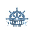 Color logo of a yacht club on a white background. Vector drawing of a marine helm, text. Illustration on the marine theme.