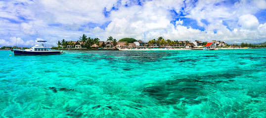 Canvas Print - view of tropical island and resort from the sea. Mauritius vacation