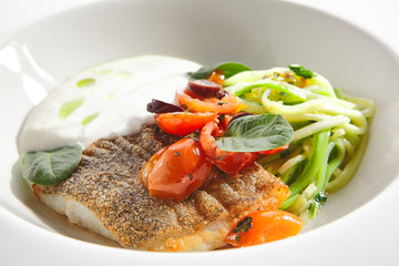 Poster - Cod Fillet in Cream Sauce with Vegetable Spaghetti Isolated