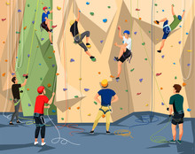 People In Sportswear Training On Climbing Wall