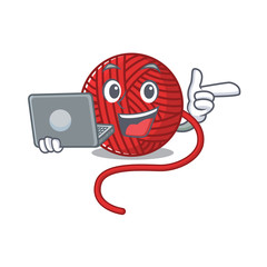 Sticker - Smart character of red wool yarn working with laptop