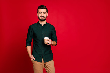 Sticker - Portrait of cheerful confident cool guy have work rest hold takeaway cappuccino coffee cup enjoy wear good looking outfit isolated over red color background