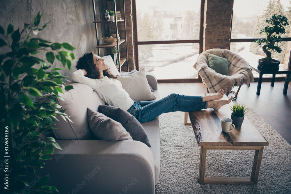 Profille side view portrait of her she nice attractive charming cheerful cheery glad wavy-haired girl sitting on divan resting spending day at modern industrial loft interior style living-room indoors - obrazy, fototapety, plakaty 