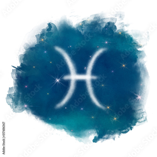 Cuadros en Lienzo Watercolor blue Horoscope zodiac sign pisces with night stars sky isolated on wh