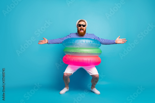 Full length photo of funny funky cheerful man enjoy tourism journey hold hands w Poster Mural XXL
