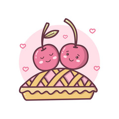 Wall Mural - Kawaii cherries in love on a pie. Hand drawn vector illustration isolated on a white background.