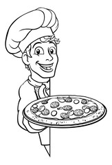 Sticker - A chef holding a plate of pizza peeking around a sign cartoon