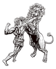 Hercules Fighting The Nemean Lion As One Of His Twelve Tasks Or Labors. From The Ancient Greek Myth. In A Vintage Retro Woodcut Etching Style