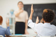© AnnaStills - Rear view of schoolboy sitting at desk and raising his hand while the teacher asking him during a lesson in the classroom
