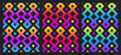 Vector set of retro psychedelic seamless patterns; Sacred geometry and minimal shapes; Black background and bright colorful gradient palettes with effect of negative space.