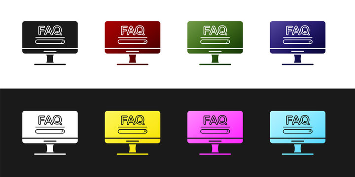 Set Computer monitor with text FAQ information icon isolated on black and white background. Frequently asked questions. Vector Illustration