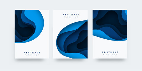 Poster - Vertical A4 banners with 3D abstract background with blue paper cut waves. Contrast colors. Vector design layout for presentations, flyers, posters