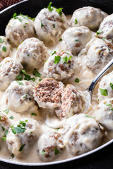 Canvas Print - classic Swedish meatballs in a pan with spoon