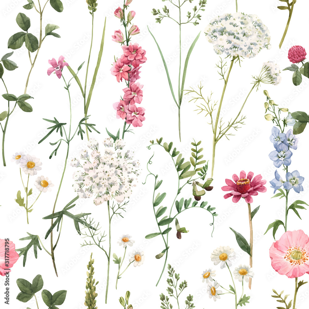 Beautiful vector floral summer seamless pattern with watercolor hand drawn field wild flowers. Stock illustration. - obrazy, fototapety, plakaty 
