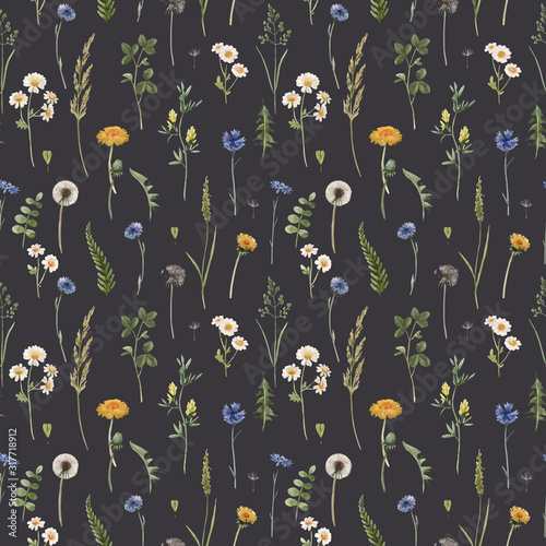 Beautiful vector floral summer seamless pattern with watercolor hand drawn fi...