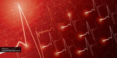 Medical cardio template with cardiogram in digital style on dark red background