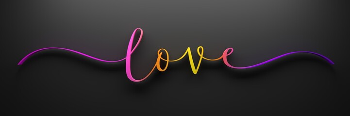 Poster - 3D Render of rainbow-colored LOVE brush calligraphy on dark background