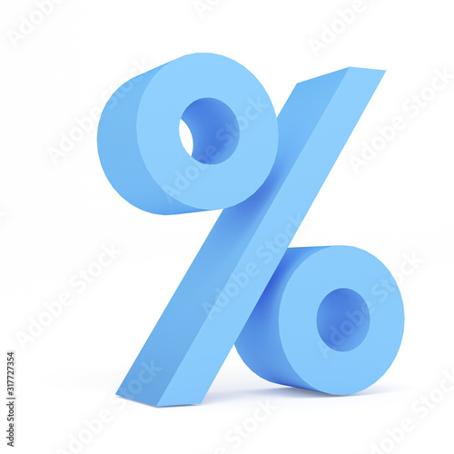 Fotografía Glossy blue 3d render percent symbol isolated on white background with clipping path, alphabet discount pattern
