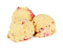 Three Balls Of Cherry Mango Ice Cream Isolated On White