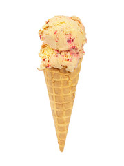 Wall Mural - Banana cherry ice cream in waffle cone isolated on white