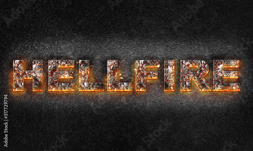 Fotomural Word Hellfire is written with burning text effect on dark textured background