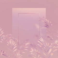 Aufkleber - Beauty fashion 3d background with rectangle frame on a tropical leaves. holographic iridesence texture. pink neon light.
