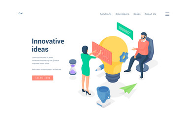 Poster - People working on innovative ideas. Isometric vector illustration
