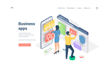 Poster - Business people browsing modern apps. Isometric vector illustration