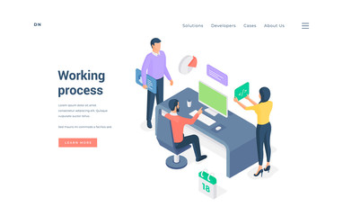 Poster - Working process in modern office. Isometric vector illustration