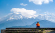 Young woman in front of Annapurna range view, Himalaya