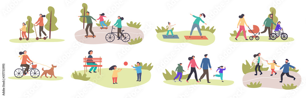 Set of eight different family activities in spring with children and parents, riding bicycles, using scooters, exercising, walking in park, walking dog, playing in groups, colored vector illustration - obrazy, fototapety, plakaty 