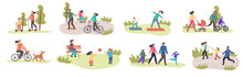 Set Of Eight Different Family Activities In Spring With Children And Parents, Riding Bicycles, Using Scooters, Exercising, Walking In Park, Walking Dog, Playing In Groups, Colored Vector Illustration
