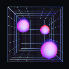 Aufkleber - Laser grid with glowing neon spheres on dark background. Vaporwave and synthwave style illustration.