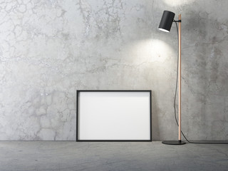 Horizontal black poster Frame Mockup standing on the floor in modern living room with lamp