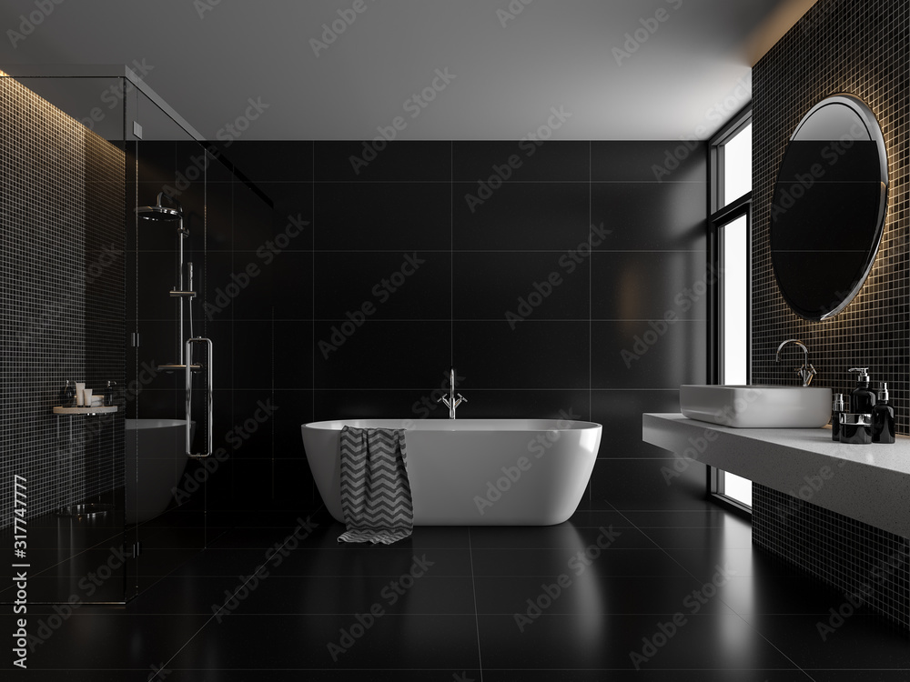Modern luxury black bathroom 3d render,The room has black tile floor and black mosaic wall, a clear glass shower partition,There are large windows nature light shining in to the room. - obrazy, fototapety, plakaty 