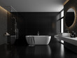 Leinwandbild Motiv Modern luxury black bathroom 3d render,The room has black tile floor and black mosaic wall, a clear glass shower partition,There are large windows nature light shining in to the room.