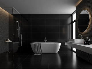 Modern luxury black bathroom 3d render,The room has black tile floor and black mosaic wall, a clear glass shower partition,There are large windows nature light shining in to the room.