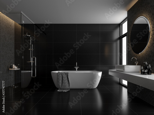 Modern luxury black bathroom 3d render,The room has black tile floor and black mosaic wall, a clear glass shower partition,There are large windows nature light shining in to the room Tableau sur Toile