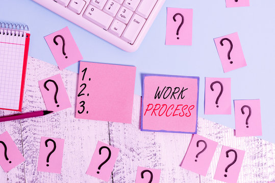 Word writing text Work Process. Business photo showcasing Standard procedures how to handle a particular job rules system Writing tools, computer stuff and math book sheet on top of wooden table