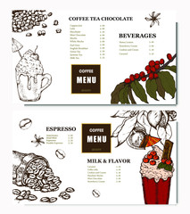 Wall Mural - Coffee illustration. Hand drawn vector banner. Coffee beans, bag, desser, branch. Menu