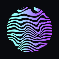 Poster - Illuminated holographic circle with glitched texture, wavy lines. Retrofuturistic illustration in 80s-90s Vaporwave, synthwave, retrowave style.