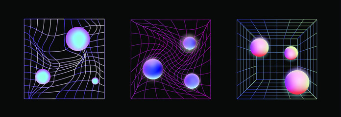 Aufkleber - Laser grid with glowing neon spheres on dark background. Vaporwave and synthwave style illustration.