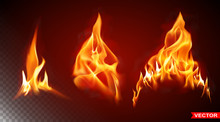 Realistic Burning Big Fire Flames With Shiny Bright Elements. Isolated On Black Background. Power, Fuel And Energy Symbol. Layered Vector Icon Set.