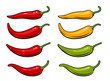 Hot chili peppers set isolated on white background. Vector illustration of red, yellow and green peppers.