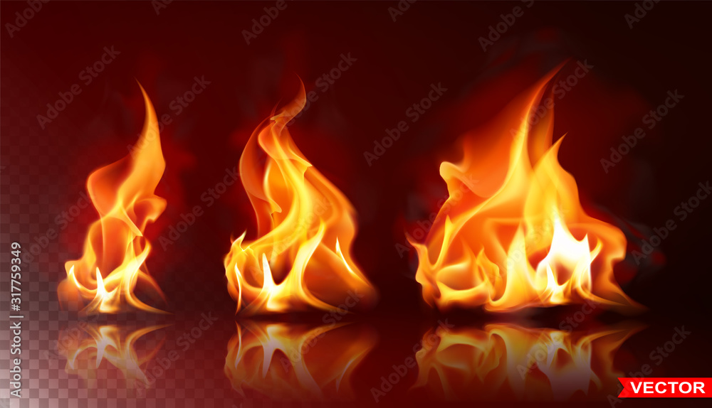 Realistic burning fire flames with shiny bright elements. Isolated on black background. Power, fuel and energy symbol. Layered vector icon set. - obrazy, fototapety, plakaty 