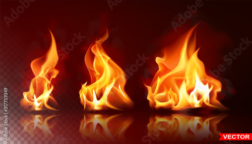 Realistic burning fire flames with shiny bright elements Poster Mural XXL
