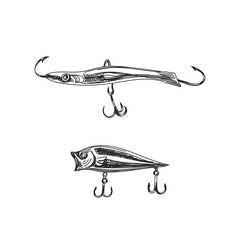 Fishing lures hand drawn black and white vector illustration