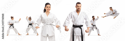 Cuadros en Lienzo Male and female in karate kimonos standing in front of men and women practicing