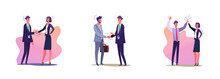 Set Of Business People Closing Deal. Flat Vector Illustrations Of Men And Women In Suits Greeting Each Other. Business Deals And Partnership Concept For Banner, Website Design Or Landing Web Page